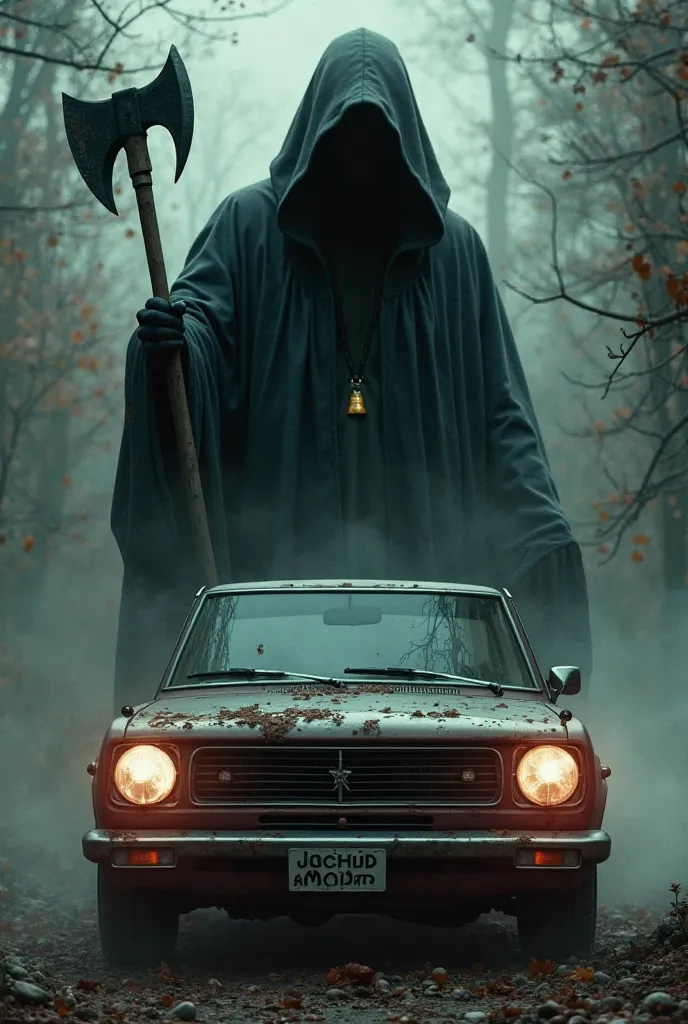 depicts a cultist in a black hood with an axe in his hands in the background. In the foreground is an old Japanese car.  inscription at the bottom " necromancer " 