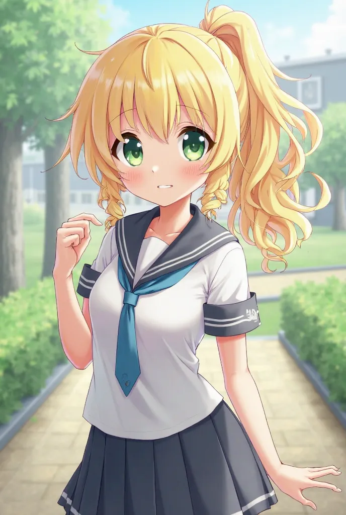 girl with school uniform, curly blonde hair with a ponytail on the left side, green eyes, anime art style