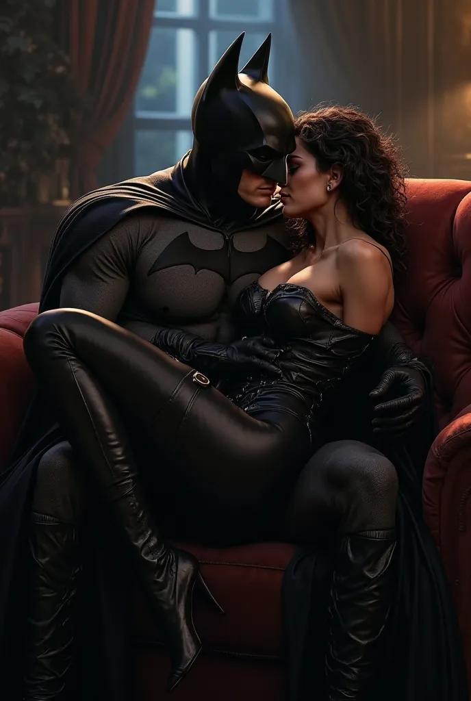 Batman sitting on the couch and Catwoman on top of those of Batman making love 