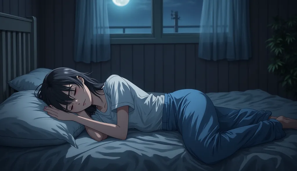 An anime-style scene of a young woman sleeping exhaustedly on her bed in a dark room at night. The room is dimly lit by soft moonlight filtering through the window, with shadows casting around the room, creating a serene yet quiet atmosphere. The woman is ...