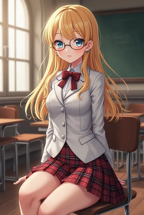 rendered in a highly detailed hyperrealistic anime style, of a young woman wearing a school uniform with a fitted white blazer with silver embroidery, a dark red plaid pleated skirt, white socks and high top sneakers. She also has small glasses. She has lo...