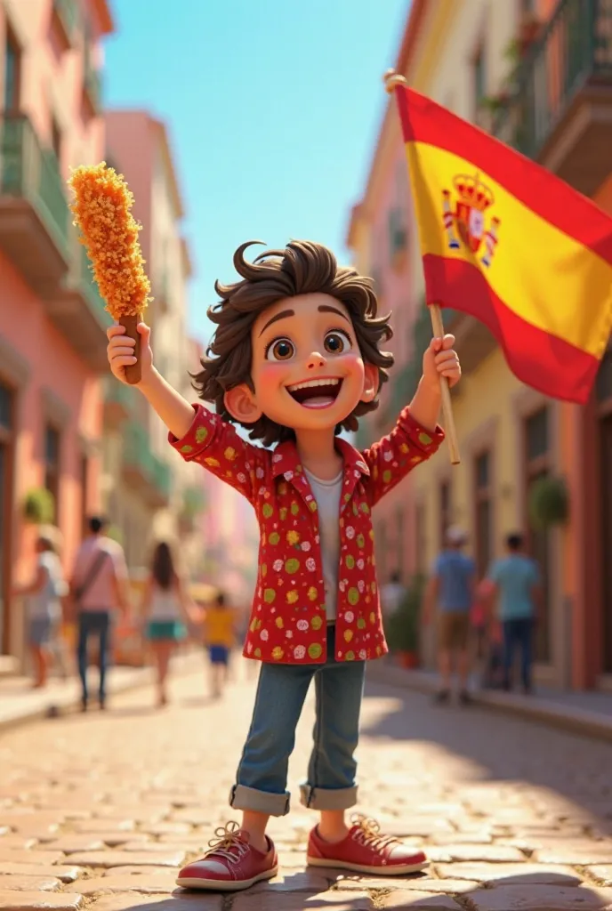 a animation whit a churros and a spanish flag in his hand