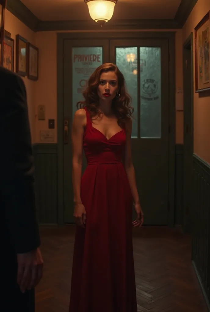 A cinematic 8K image of a mysterious woman in a red dress standing in the dimly lit hallway of a 1940s detective’s office. She has an elegant yet dangerous aura, with red lipstick, wavy noir-era hair, and piercing eyes. The scene is framed from the detecti...