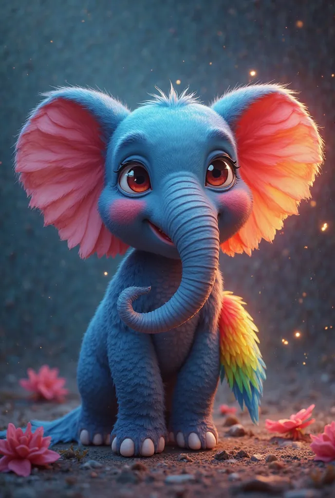 A whimsical hybrid of a parrot and an elephant: elephant's large body with colorful feathers, a trunk ending in a parrot's beak, wings-shaped ears, long rainbow tail, vibrant digital art, cartoon style, magical lighting