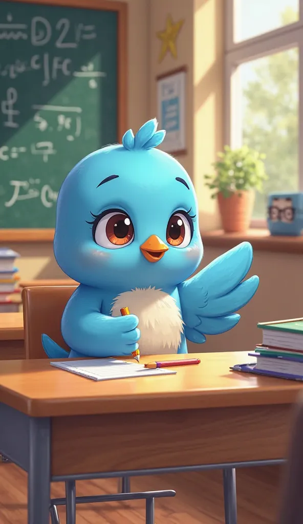 Anime style, cute cartoon blue bird character, sitting at a classroom desk, raising its wing with a curious and slightly confused expression, holding a pencil and notebook, interacting with a friendly female teacher, wearing glasses and a professional outf...