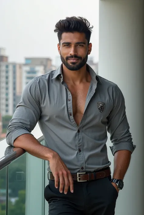 A **fit and muscular South Asian man** with a **light beard**, confident expression, and **well-defined jawline**, leaning casually on a **glass railing balcony** with a relaxed yet commanding presence. His **hairstyle is modern and voluminous**, styled in...