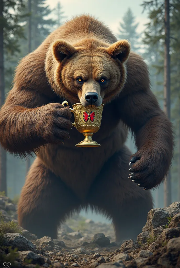 An angry bear drinks from the President of the Republic of Belarus Cup