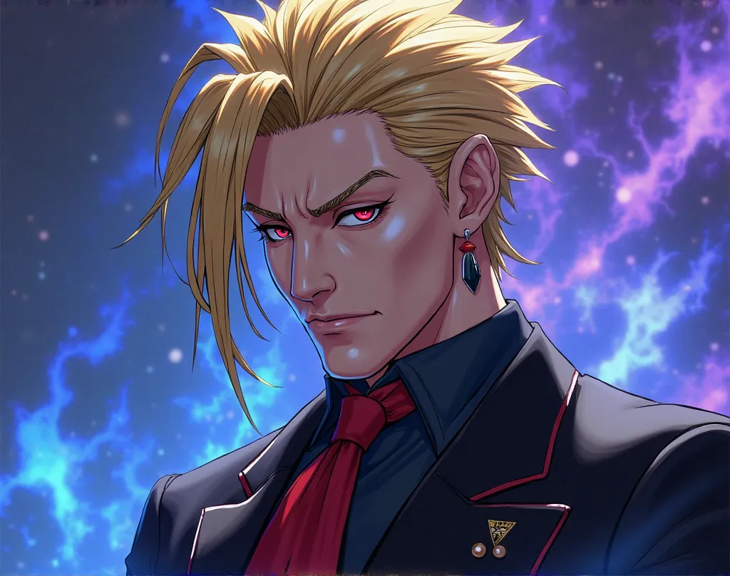 Crie a imagem do IORI DE THE KING OF FIGHTERS , imposing and intimidating, with wild blonde hair and bright eyes. He wears an elegant black suit with red details and has a menacing presence. His gaze transmits superiority and confidence. The background mus...