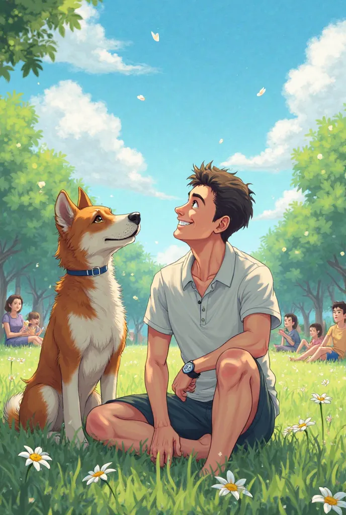 A man with his dog he looks up there the weather is nice the people are happy sitting on the grass Make this picture for me in manga