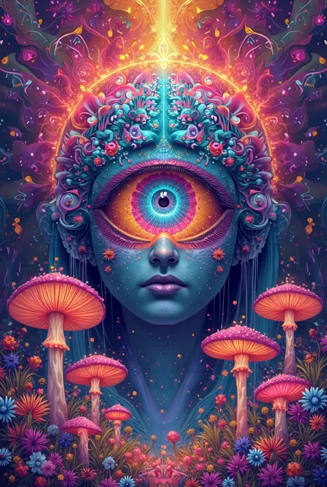 create a holi poster for a trance party containing third eye psychedlic and mushroom hd