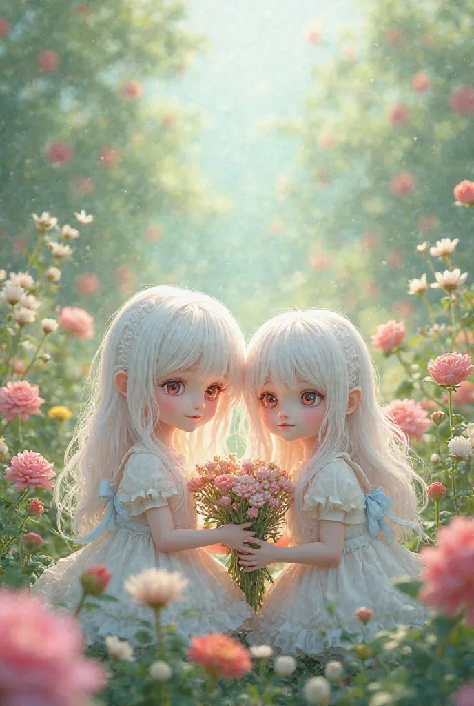 MINI-CHARACTERS、girls、Long white hair、Pink eyes、soft smile、white fluffy dress with light blue ribbon、Picking flowers in the flower garden、I'm holding a lot of flowers with both hands