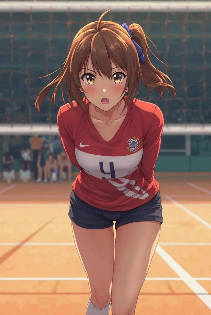 
"A young volleyball player in the Haikyuu, with expressive brown eyes and smooth brown hair with vibrant red highlights. She wears the Haikyuu players' uniform. Her watchful eye on the sport while she's in a playing position, pronta para atacar ou defende...