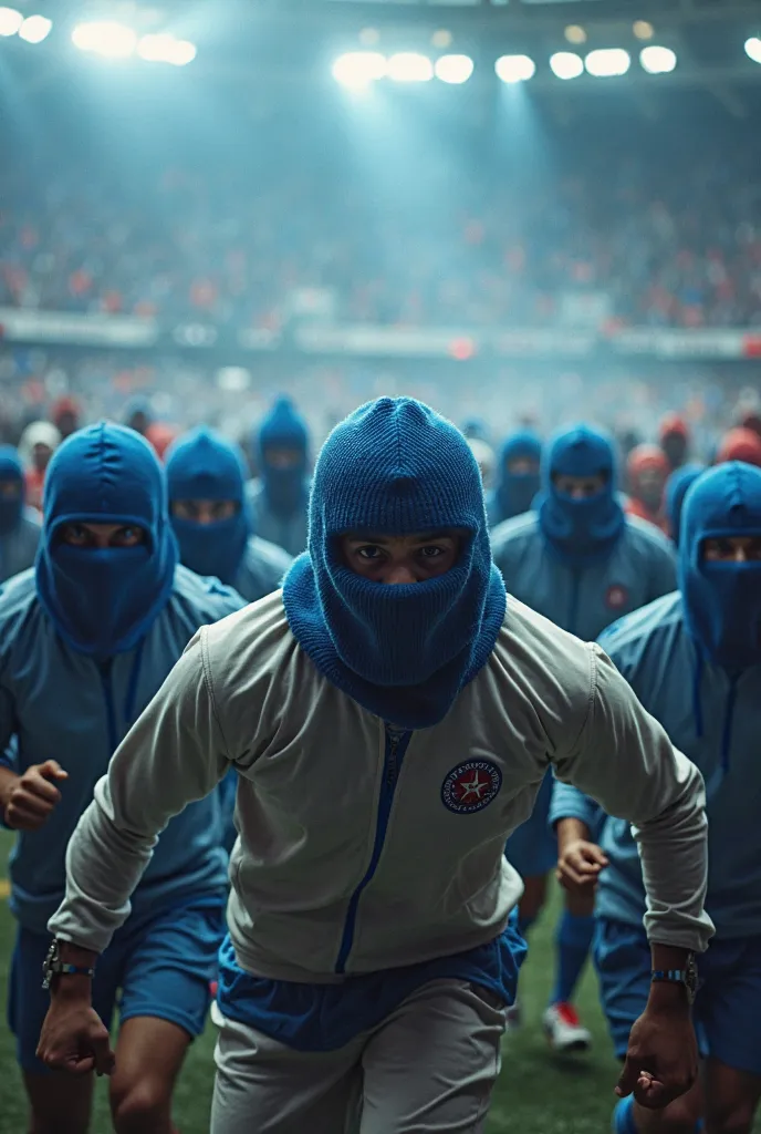 Hooligans wearing regattas and white jerseys with blue balaclavas invading a stadium
