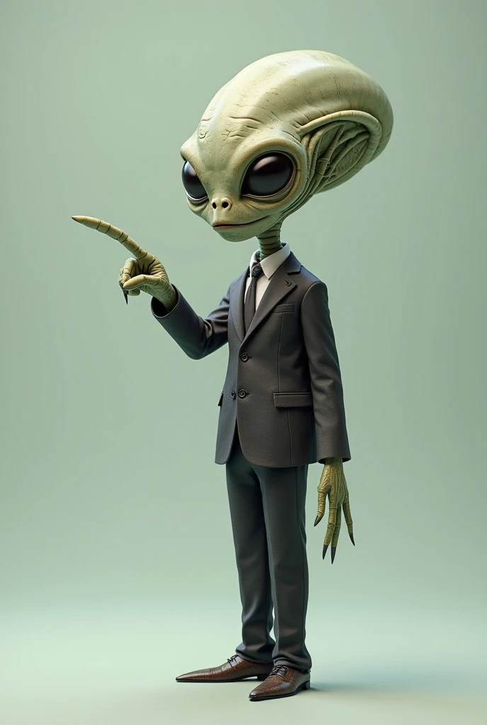 Create a real alien type 3d wearing an office work uniform and pointing with a finger at something on a horizontal background