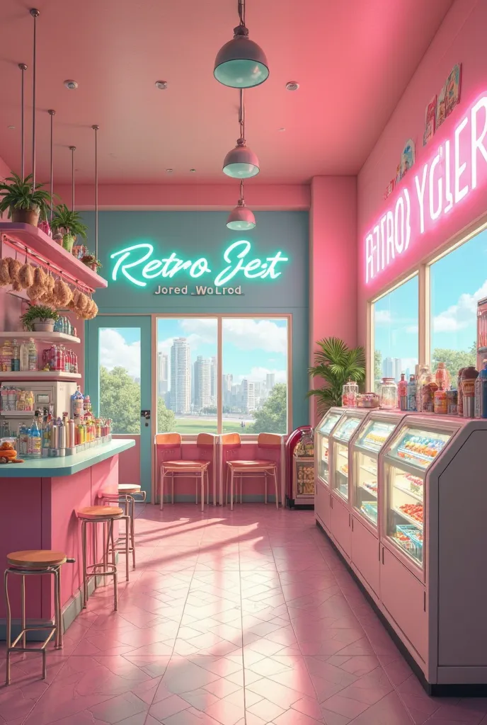 Generate an image of a retro-themed yogurt store that has windows, Display windows, chairs tables , bars, Box a jukebox the colors that are pastels that prevail pastel pink the light blue pastel coffee in vintage tones my store is called Retro Yogurt that ...