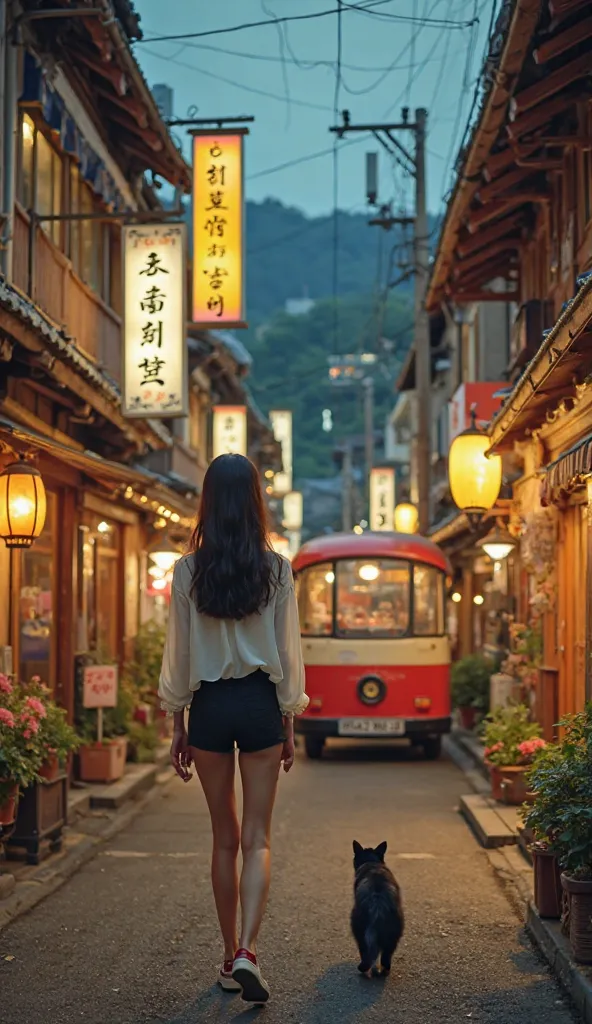 nostalgic Japanese shopping street at dusk。A warm yellow lantern illuminates the street、retro wooden stores are lined up。signs and striped awnings、shining shop windows create a Showa atmosphere。
A young woman with long dark hair facing backwards wearing a ...