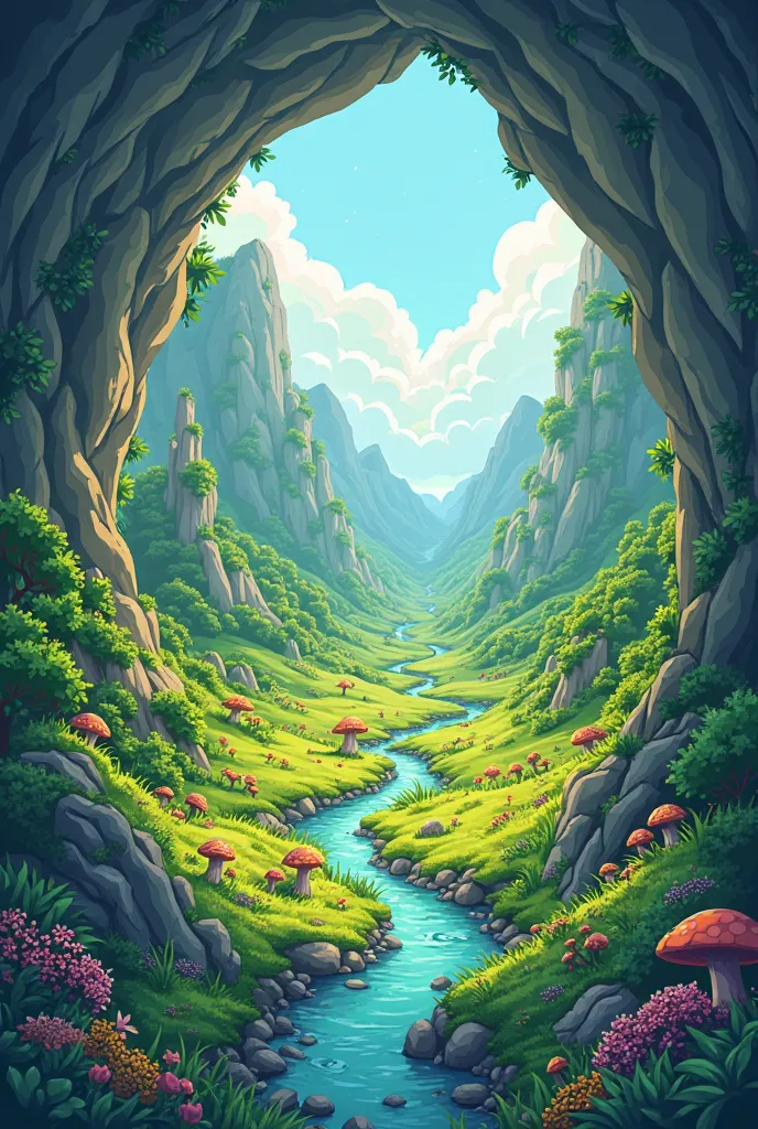 A cartoonish cave valley without so much detail