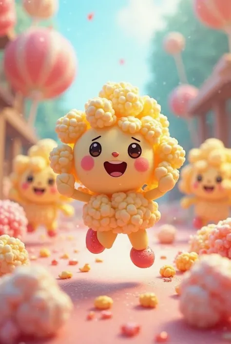 A sweet and fluffy popcorn with various colors, with arms and legs and a very cute and smiling face ,  jumping and dancing ,  with others like him on his side ,in a beautiful place in a candy city