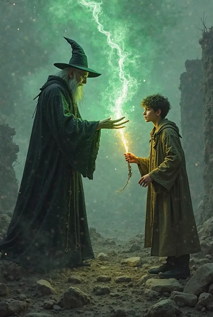 a dark wizard , calvo, of pale skin and with a long and worn black robe, You are about 10 meters away from a young wizard with messy hair and glasses. The dark wizard is slightly taller than the young man and extends his Twisted wand, casting a bright gree...