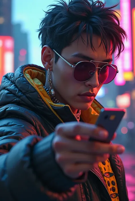 a close up of a person holding a card in a city, cyberpunk art inspired by Clifford Ellis, trending on cg society, digital art, cyberpunk street goon, 2020 video game screenshot, cyberpunk streetwear, wearing cyberpunk streetwear, lil uzi vert, wearing cyb...