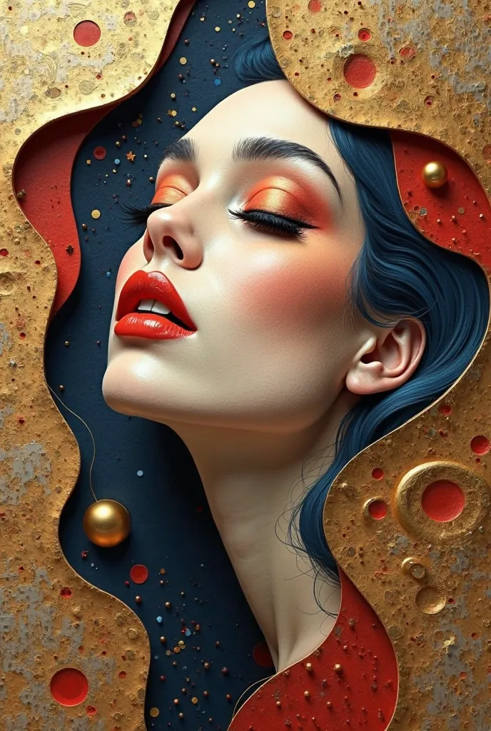 "Create a mesmerizing cubism and surrealism-inspired digital painting of a woman's face, blending abstract geometric shapes with fluid, organic curves. The composition should feature bold and elegant color contrasts of deep gold, navy blue, rich red, and s...