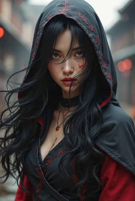 beautiful girl with long wavy half up half down black hair   hair with  sharingan eyes eyes wearing  black and red  ninja style eyes outfit with hood and mask , naruto 