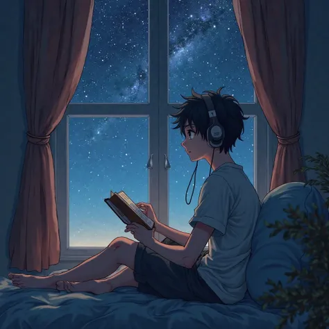 male anime listen to music and reading the book look at the star in hes window 