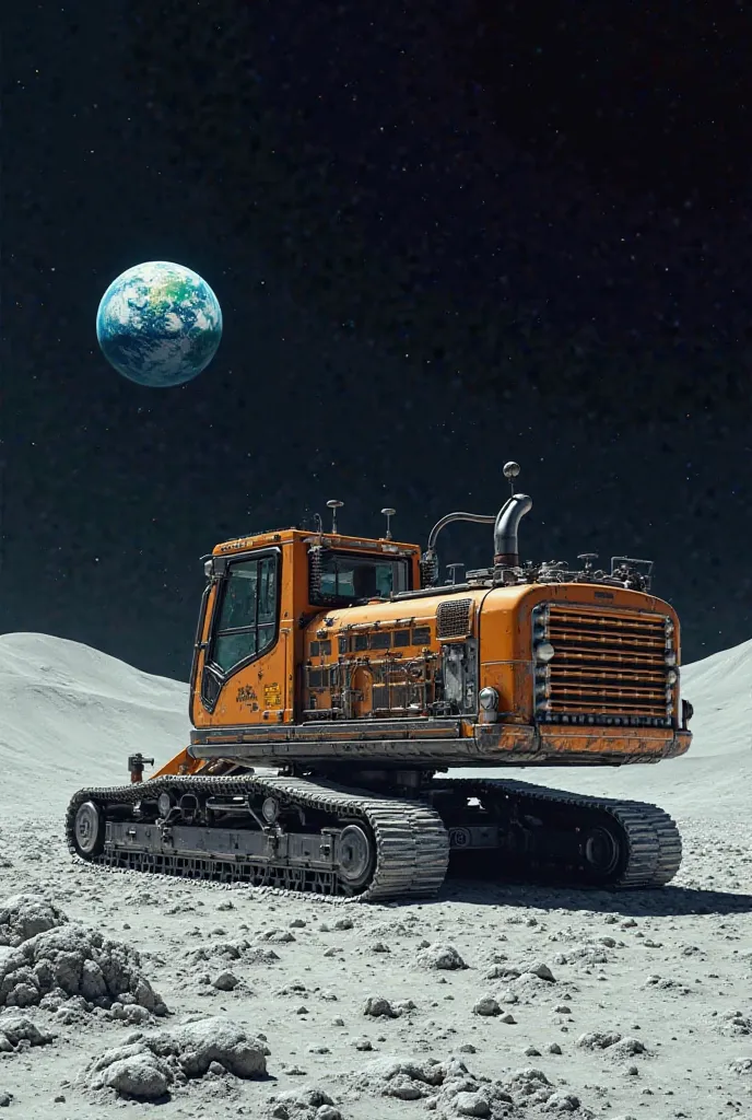 Hydraulic excavator on the moon with earth in the background 