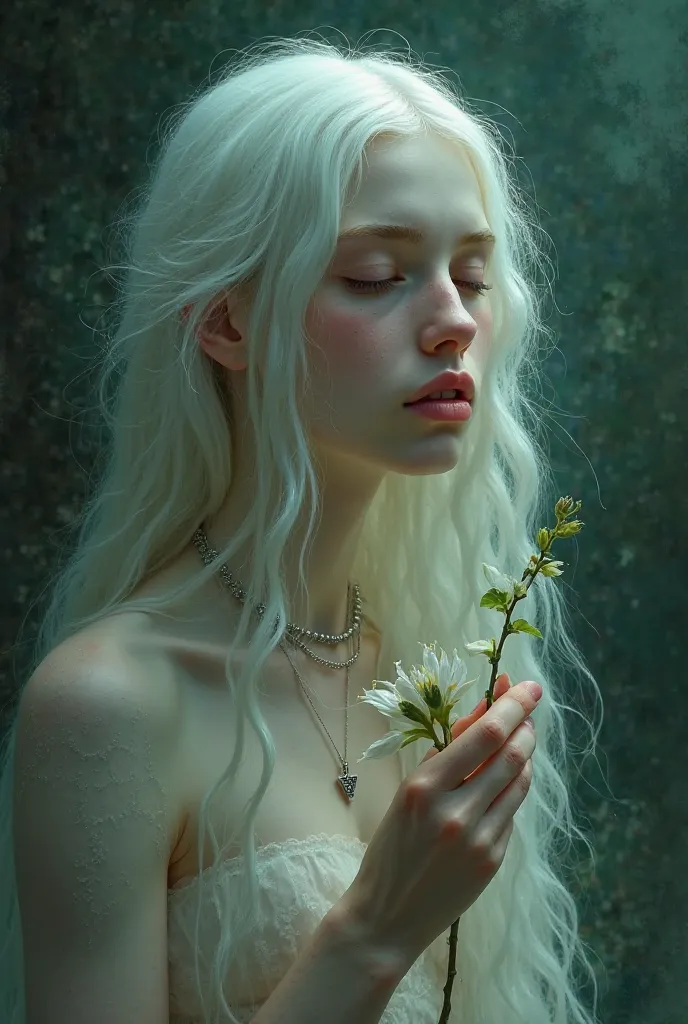 A stunning digital painting of a young albino woman with ethereal beauty, painted in the signature style of Brian M. Her endless white hair cascades like silk down her fragile frame. Her eyes closed, holding a delicate kalanchoe flower between her slender ...