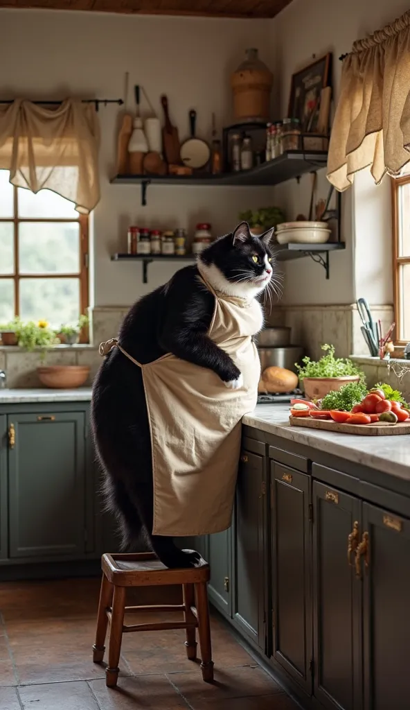 The kitchen is a cozy, rustic space with dark wood furniture and charming details, such as linen tablecloths and spice jars lined up on shelves. The afternoon light streams in softly through the window, creating delicate shadows on the marble countertop. K...