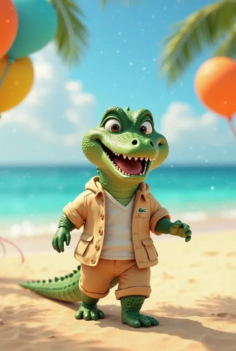 "A full-body 3D-rendered image in Pixar style of an adorable and stylish alligator walking happily on a beautiful, trendy beach. The alligator has a big, joyful smile and expressive, friendly eyes, radiating happiness. It is dressed in a fashionable Lacost...