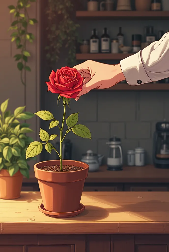 Create an anime image,a male hand holding a red rose that was taken from a pot that was on a coffee counter 