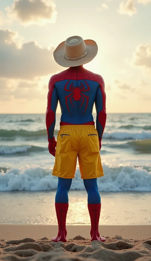 A full-body image of Spider-Man seen from behind, standing on the shore, gazing at the vast ocean. He is wearing a bright yellow beach shorts over his iconic red and blue suit and a wide-brimmed straw sun hat. The scene is peaceful, with waves gently crash...