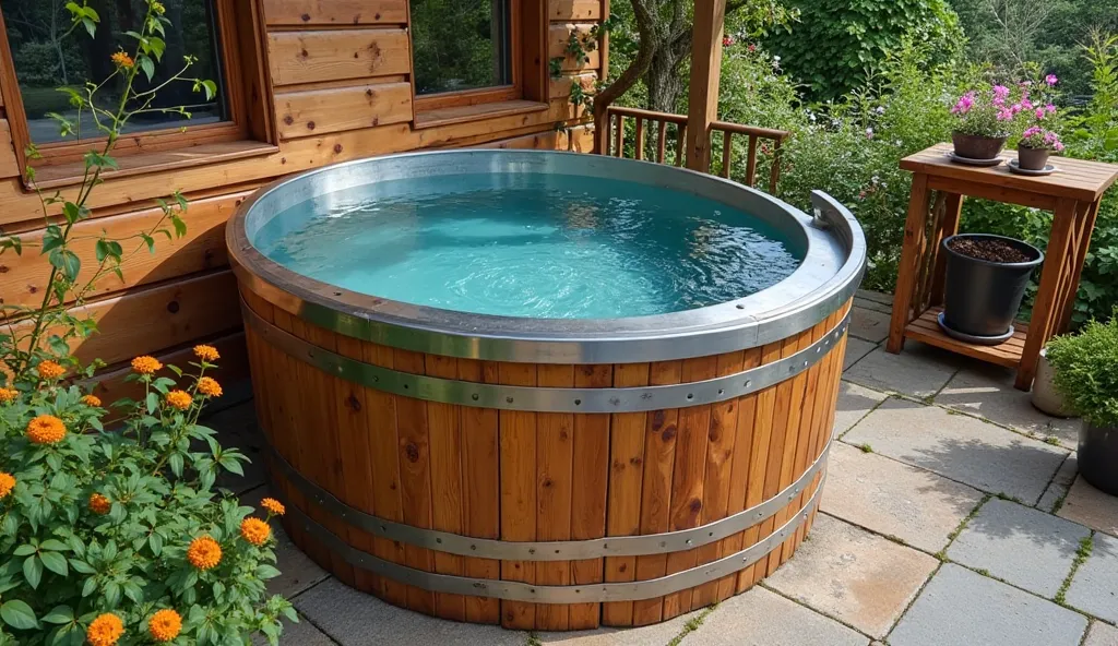 https://s.mj.run/uIoY0nc4EGI A large, round icebath with an aluminum collar around the bottom and top edges, filled with water to create an outdoor fish tank, stands in front of wooden walls. The view from above shows the clear blue water inside the barrel...