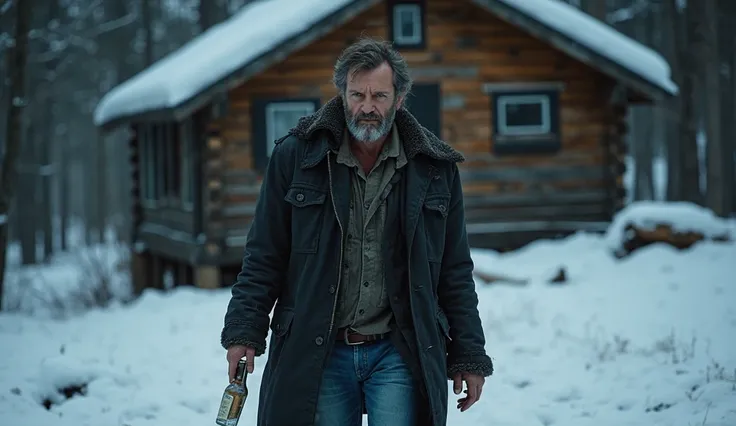  A 40-year-old man, high, with a rough face and a shabby beard, walks staggering in the snow in front of the cabin. He wears a dirty black leather coat and frayed jeans.  in her right hand , holds an almost empty whiskey bottle,  and on the left , a shard ...