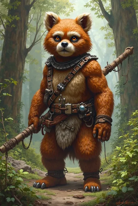 A female Ewok with reddish fur, ready for battle