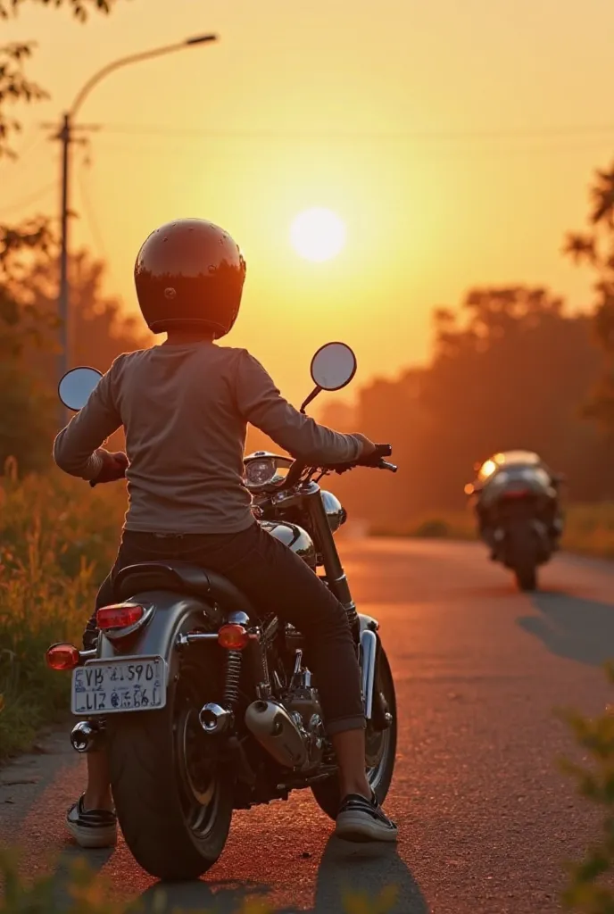 A boy with his motorcycle sitting on his motorcycle and there are his friends who come to talk to him and next to him there is a juice truck he decides to buy juice and and it is sunset he is having a good time with the three of him on a road with grass