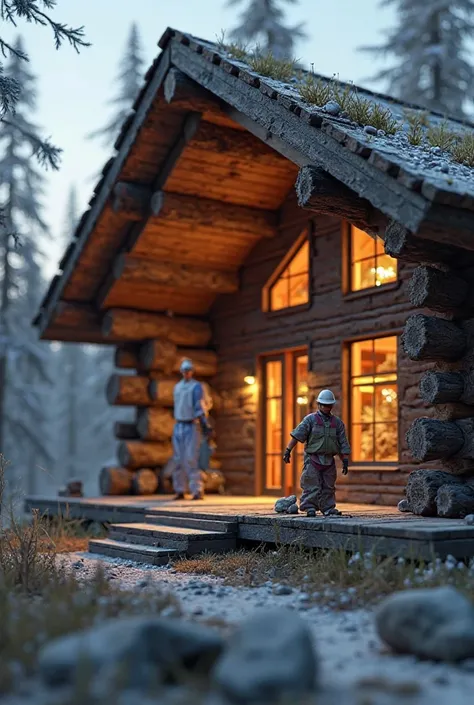 Create an ultra-realistic macro photo of a giant dark-colored cedar log house under construction in Gorny Altai, which will have lots of tiny people, who are building this house. Highly photorealistic,  8k resolution, depth of field, surround lighting, ult...