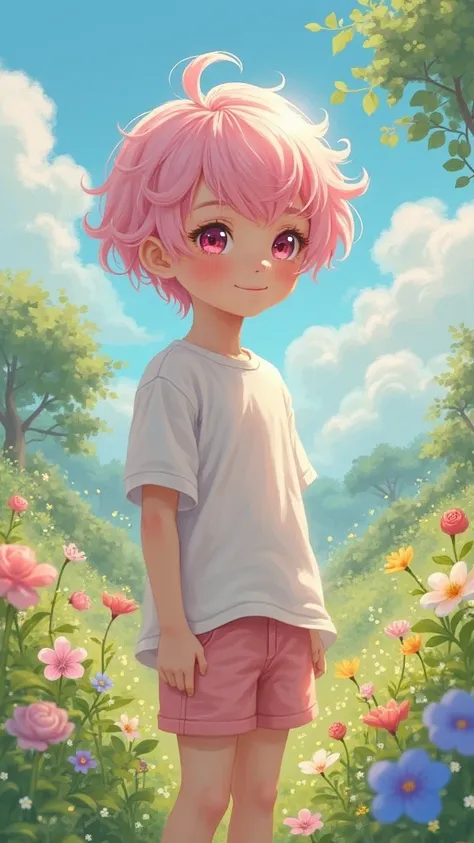 boy schoolboy . Pale pink hair. short hair.  Pink eyes. Dressed in a t-shirt and shorts. Summer landscape all around 