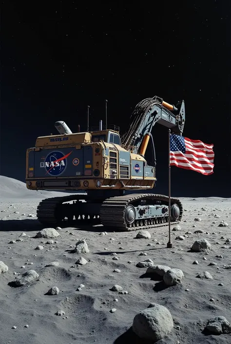 Hydraulic excavator with NASA logo on the moon