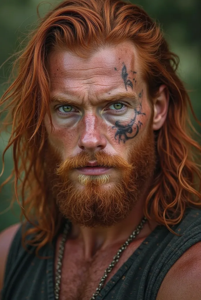 Coppery red-haired man, hair hitting his shoulder and not very wavy. marked jaw, striking lips, green eyes, fixed and seductive, but at the same time creepy. Slightly tanned. A scar on your left eye. Viking Style. muscular and strong MAN. A little more tan...