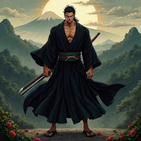 Dessine moi zoro le personnage de one piece avec un kimono noir 