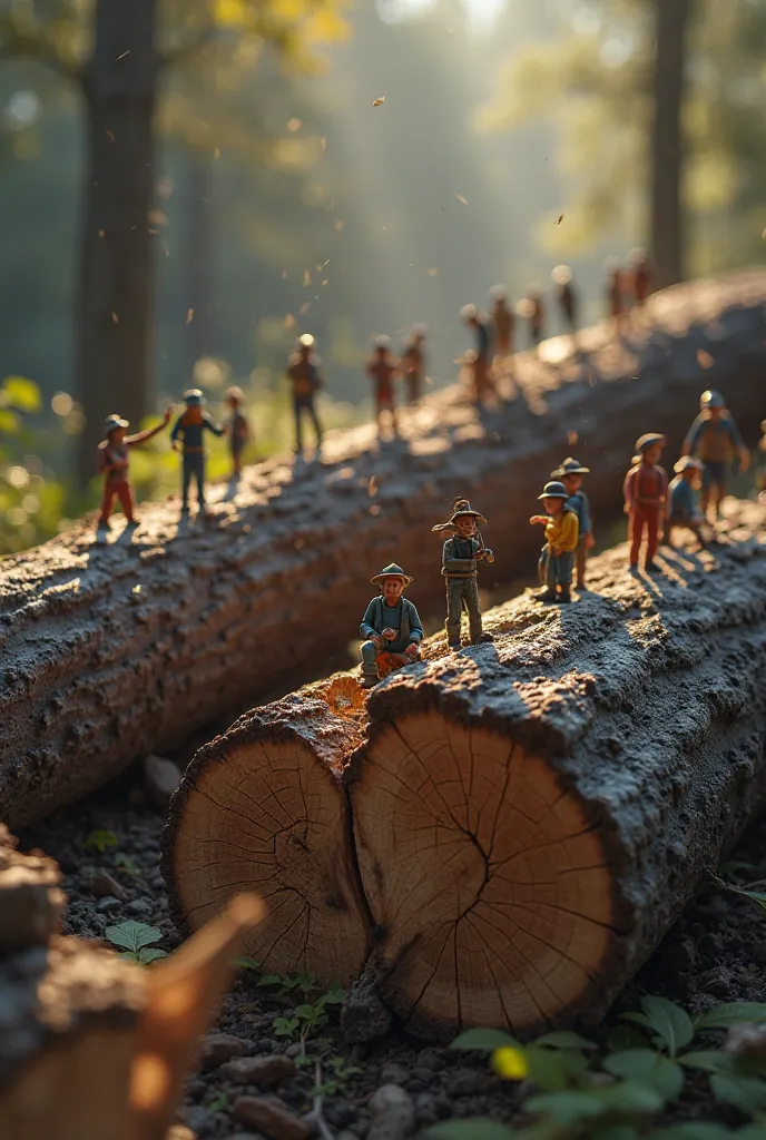 Create an ultra-realistic macro photo of giant dark-colored cedar logs, that will have lots of tiny people, who build from them. Highly photorealistic,  8k resolution, depth of field, surround lighting, ultra-sharp focus - 9:16