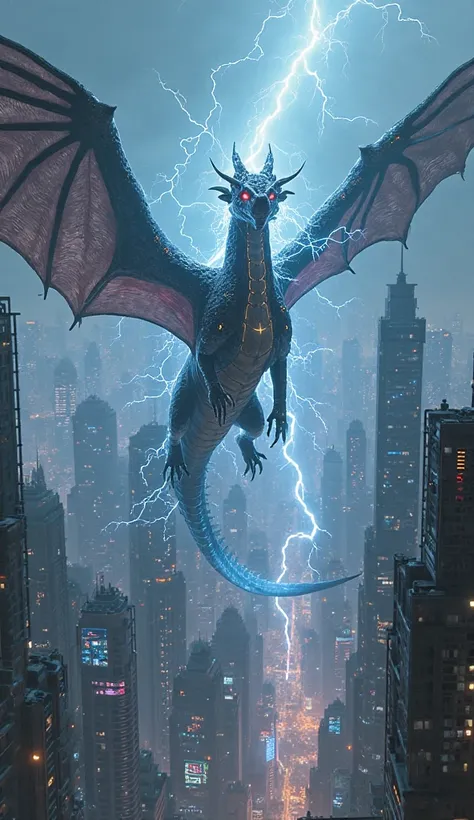 An electric dragon hangs over a cyberpunk city, its discharges creating rays that illuminate the skyscrapers.