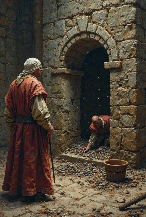 Garderobe and waste disposal in a medieval castle**  
   *A medieval tower with a small hole in the floor, known as a garderobe. A disheveled figure stares down at the opening where waste is dumped outside. Below, an unfortunate worker collects the filth w...