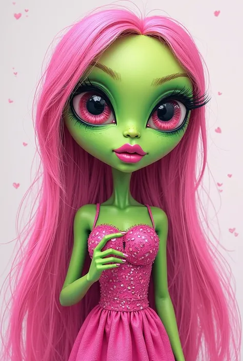 draw an alien with big eyes and big lips , Green color , in a pink dress with long pink nails and add her long pink hair Lips to be extra big . , the eyebrows are pink like the hair
in your hands to have a phone and have bright pink nails , on the phone so...