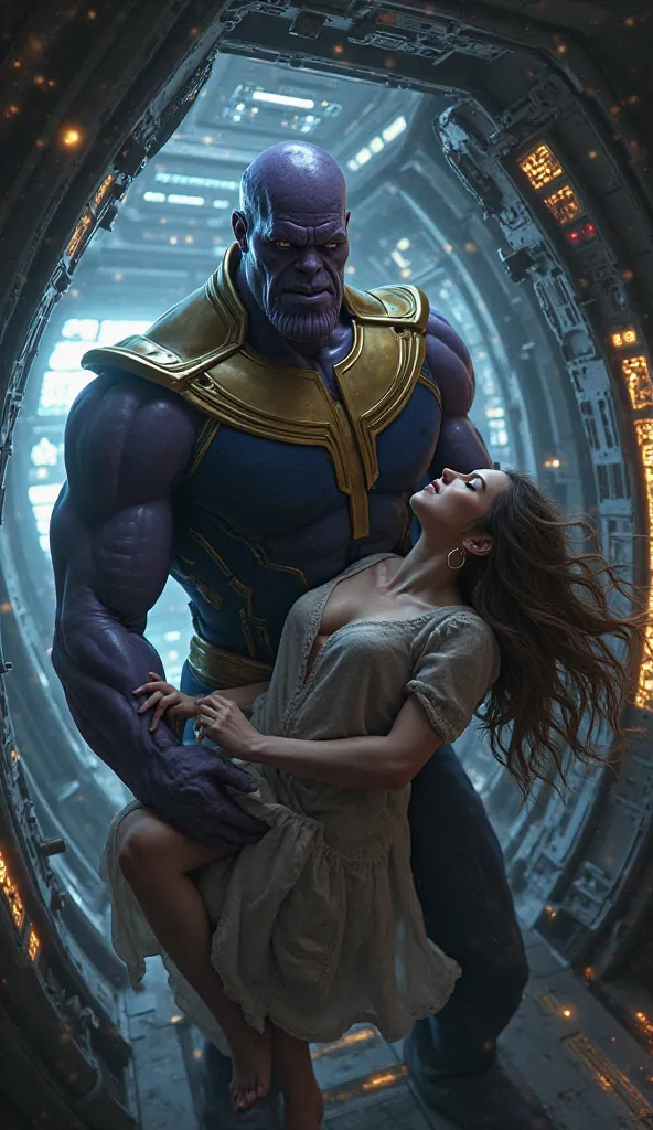 Thanos is pulling a unconscious sexy woman inside a spaceship 