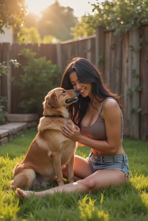 "Ultra-realistic photo of a stunning woman in the backyard of her house,  playing with her dog . Her long black hair falls naturally over her shoulders, and she wears short shorts and a tight top, highlighting her well-defined athletic curves. sitting on t...