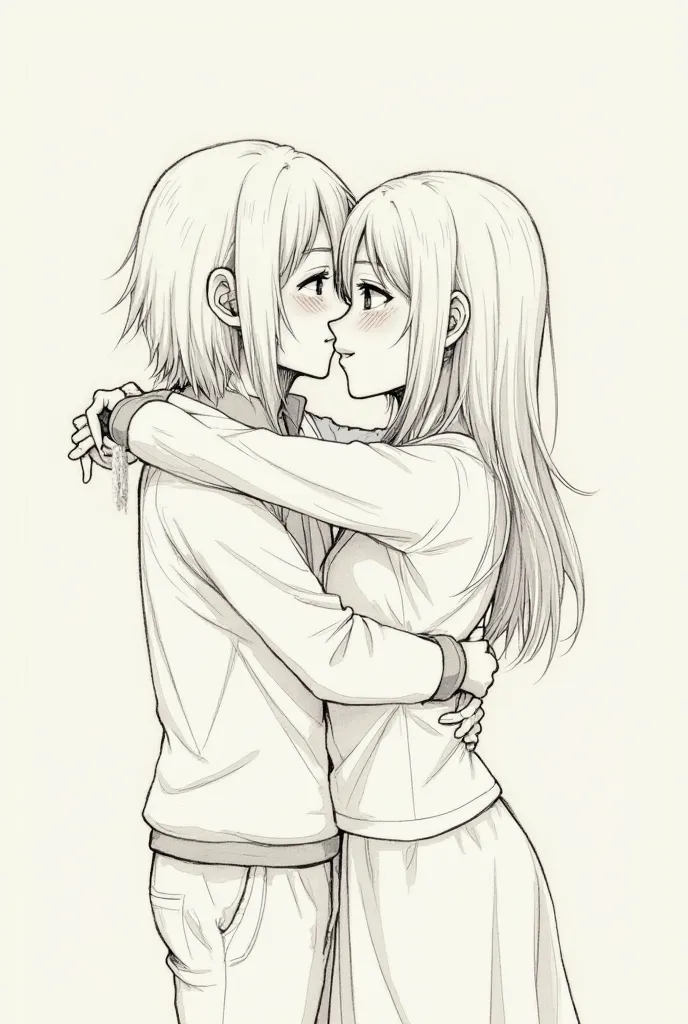 crying anime couple hugging each other . in pencil drawing style