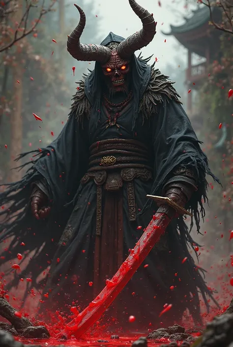 Beelzebub demon in very realistic 3D with a sword catching an enemy's skull is defeated and blood is falling ! And its secrecy between the wheels and in the background appears with Akatsuki's cassock and in the background is written sabazios
